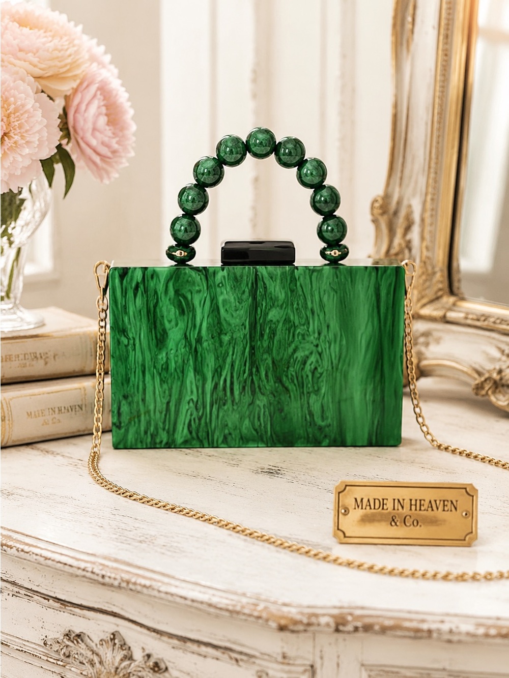 ESMERALDA Made in Heaven Emerald Green Acrylic Box Clutch with Beaded Handle